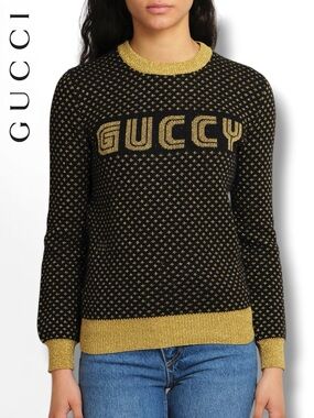 Gucci Sweater ‘Guccy’ Logo Sega 2018 Collab Wool Lurex Black & Gold Women’s | S
